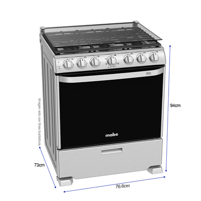 Estufa a gas de 30" EM7660CFIX1 Mabe, 6 quemadores, cubierta sellada de acero inoxidable, parrillas de hierro fundido, encendido eléctrico por botón.