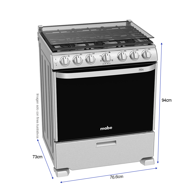Estufa a gas de 30" EM7660CFIX1 Mabe, 6 quemadores, cubierta sellada de acero inoxidable, parrillas de hierro fundido, encendido eléctrico por botón.