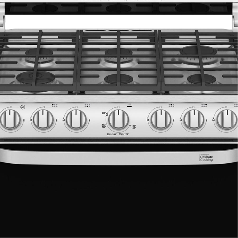 Estufa a gas de 30" EM7660CFIX1 Mabe, 6 quemadores, cubierta sellada de acero inoxidable, parrillas de hierro fundido, encendido eléctrico por botón.
