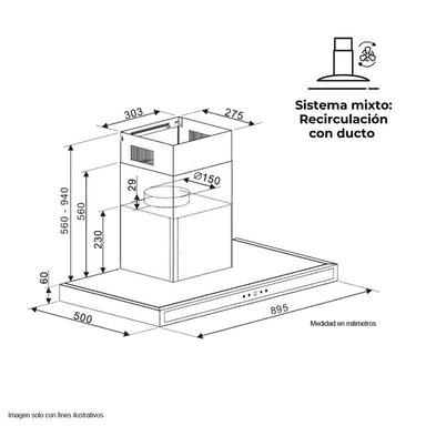 Extractor de grasa QUADRATO 90 campana 90cm Drija, diseño delgado panel digital