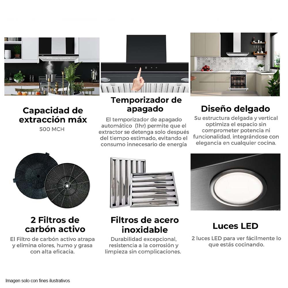 Extractor de grasa QUADRATO 90 campana 90cm Drija, diseño delgado panel digital