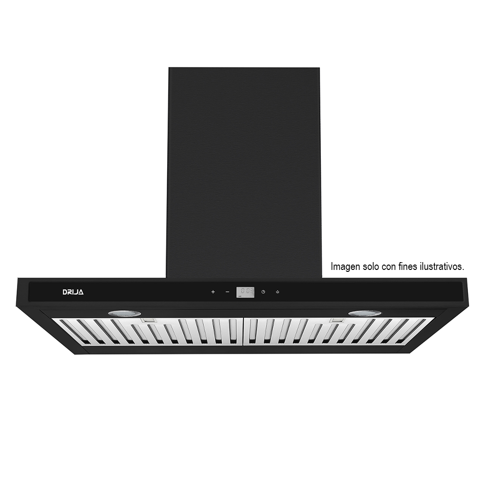 Extractor de grasa Campana Quadrato 76 Black, 2 chimeneas, panel digital, luz LED. Drija.