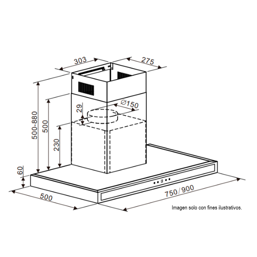 Extractor de grasa Campana Quadrato 76 Black, 2 chimeneas, panel digital, luz LED. Drija.