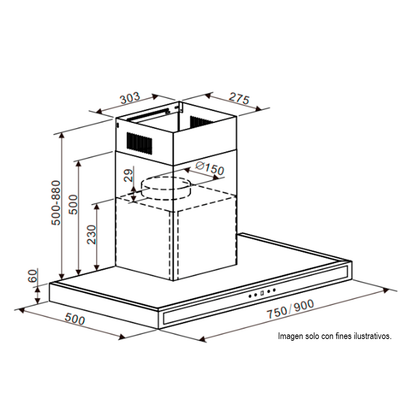 Extractor de grasa Campana Quadrato 76 Black, 2 chimeneas, panel digital, luz LED. Drija.