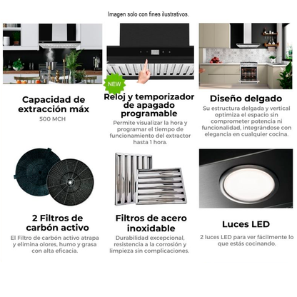 Extractor de grasa Campana Quadrato 76 Black, 2 chimeneas, panel digital, luz LED. Drija.