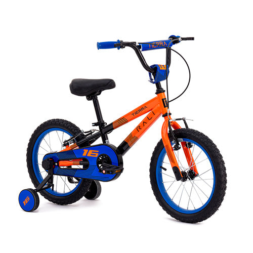 Bicicleta 16” Infantil Rali TIERRA-16-NN-4 color negro naranja detalles en azul