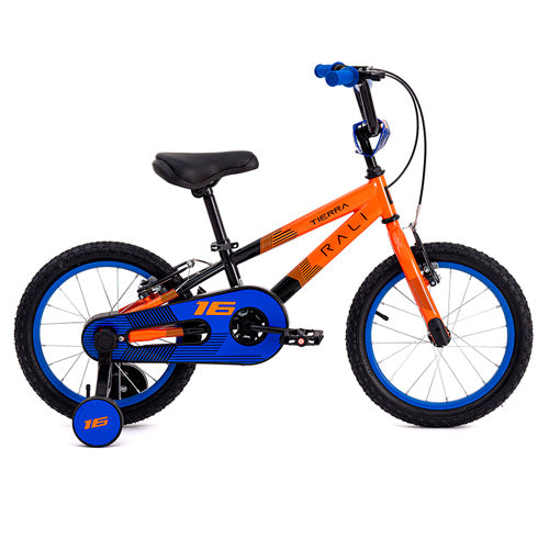 Bicicleta 16” Infantil Rali TIERRA-16-NN-4 color negro naranja detalles en azul