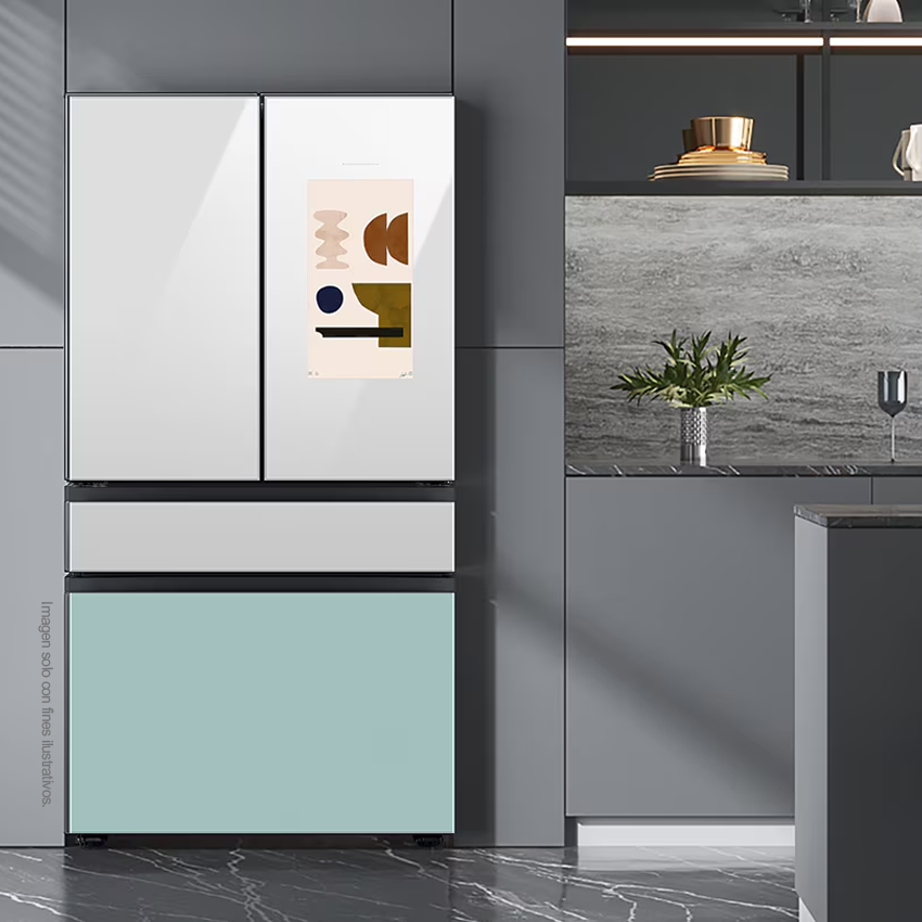 Refrigeradora Bespoke Family HUB 29pc, RF29BB8900JMAP Samsung, puertas francesas dobles, diseño elegante y único, dispensador interior jarra automática.