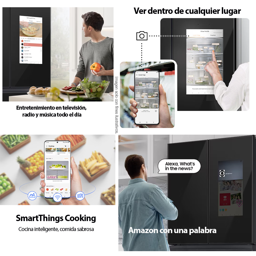 Refrigeradora Bespoke Family HUB 29pc, RF29BB8900JMAP Samsung, puertas francesas dobles, diseño elegante y único, dispensador interior jarra automática.