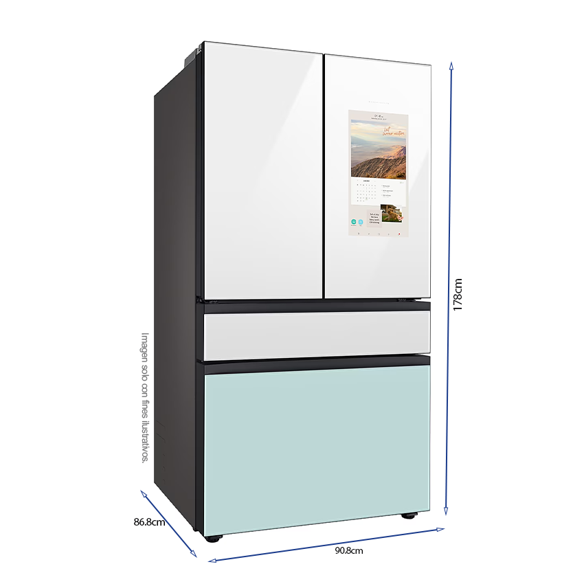 Refrigeradora Bespoke Family HUB 29pc, RF29BB8900JMAP Samsung, puertas francesas dobles, diseño elegante y único, dispensador interior jarra automática.