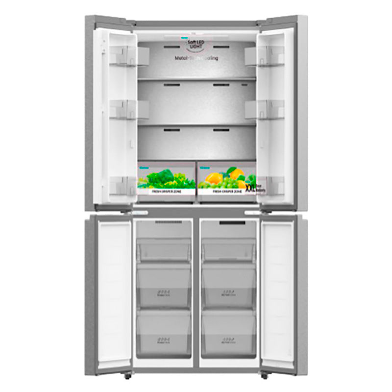 Refrigeradora 4 puertas 17pc RQ171BV5A CROSS Hisense inverter máquina de hielo automática en el congelador, diseño Pure Flat, triple zona, ny fresh choice