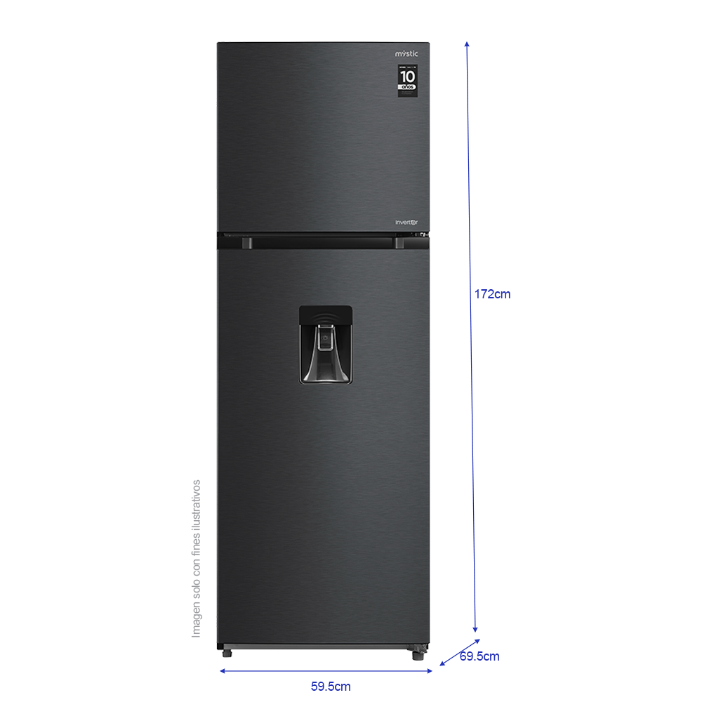 Refrigeradora 11.94pc RF-NV359LSS Mystic Top Mount, Inverter, No Frost, color gris nublado, dispensador de agua, control electrónico de temperatura