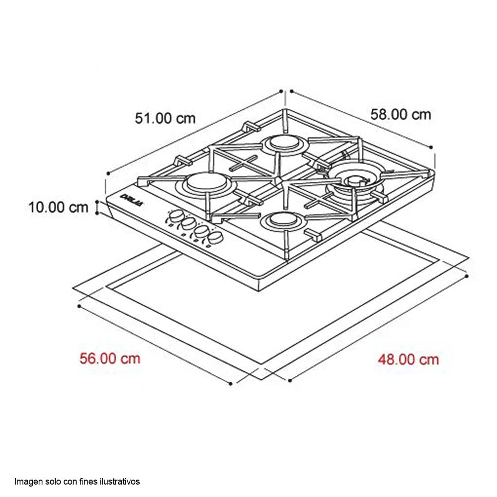 Estufa a gas empotrable Milan 60 Pro Drija 4 quemadores encendido eléctrico perillas de lujo.