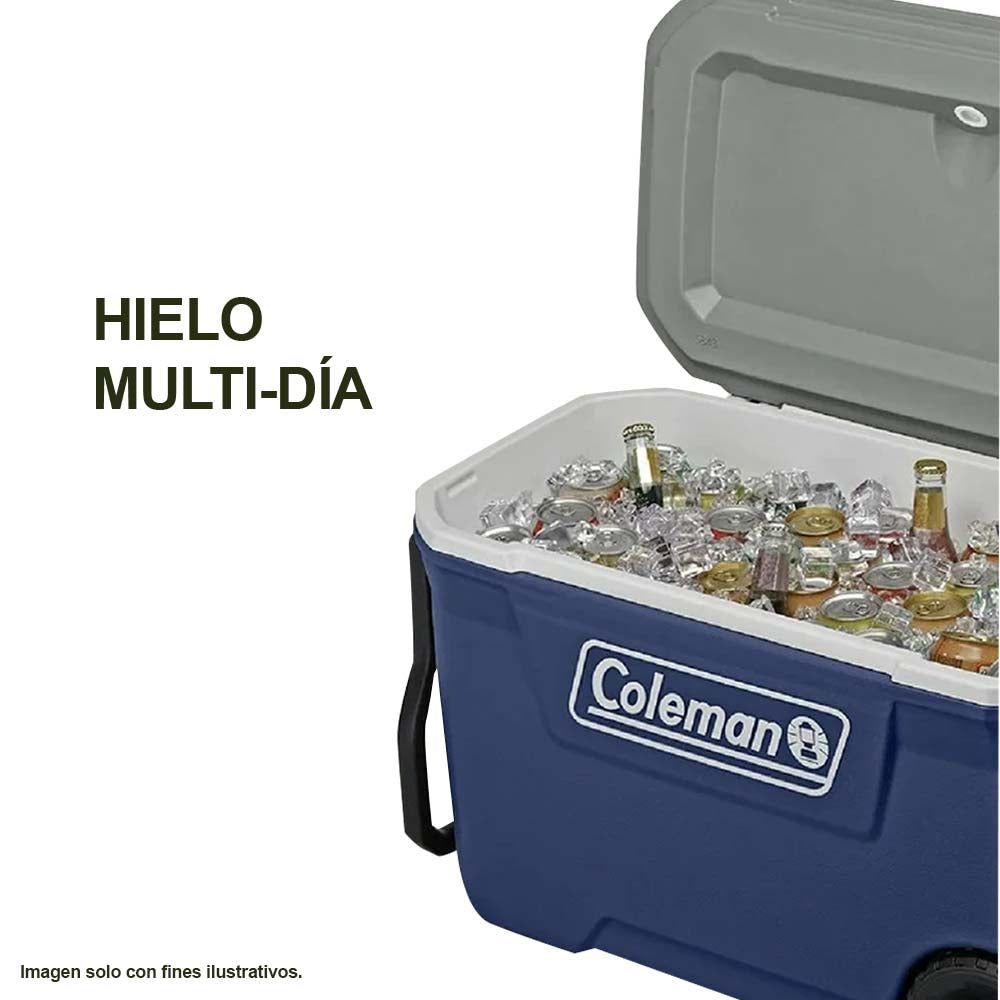 Hielera 62Qts Serie 316 color azul con ruedas Coleman