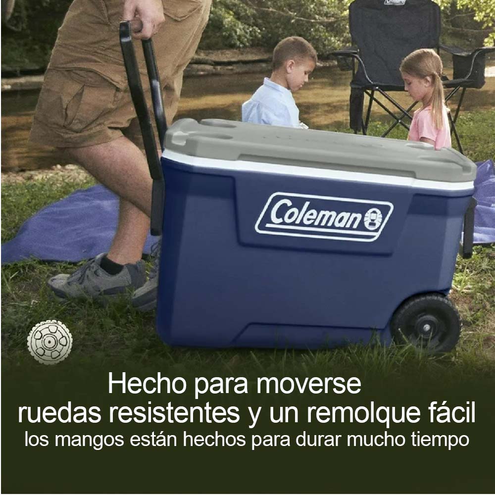 Hielera 62Qts Serie 316 color azul con ruedas Coleman