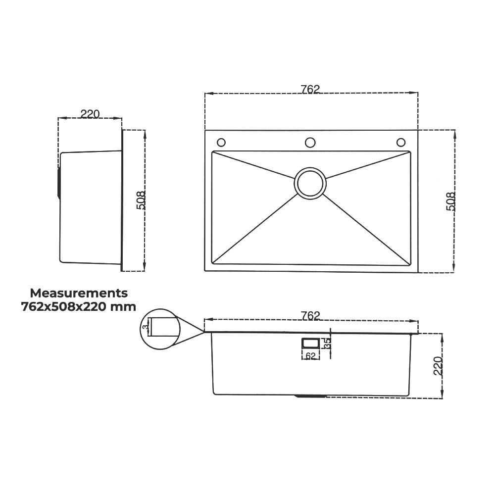 Fregador de lujo Bolonia 76 de 76cm tina de acero inoxidable satinada