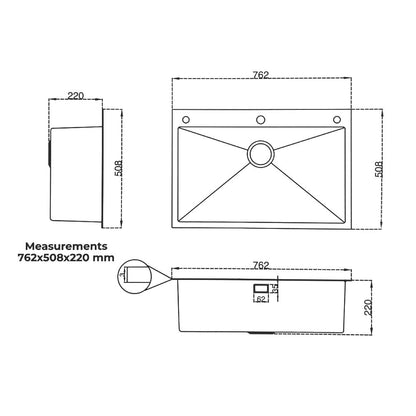 Fregador de lujo Bolonia 76 de 76cm tina de acero inoxidable satinada