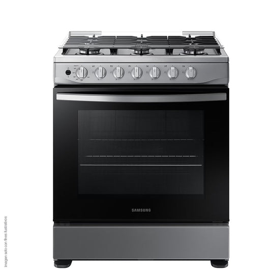 Estufa a gas 30" NX52D3000MV/AX Samsung 6 quemadores, acero inoxidable y parrillas de hierro fundido, tapa de vidrio.