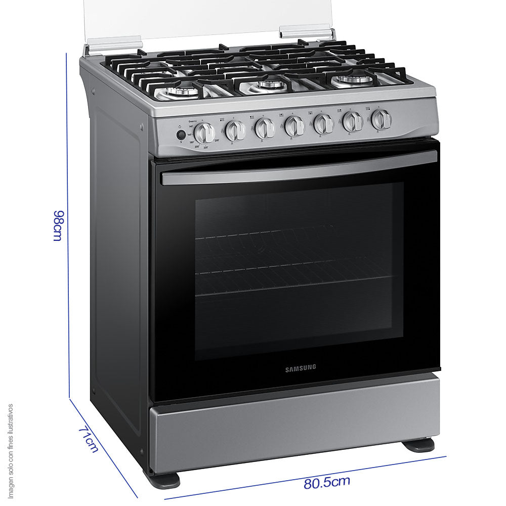 Estufa a gas 30" NX52D3000MV/AX Samsung 6 quemadores, acero inoxidable y parrillas de hierro fundido, tapa de vidrio.