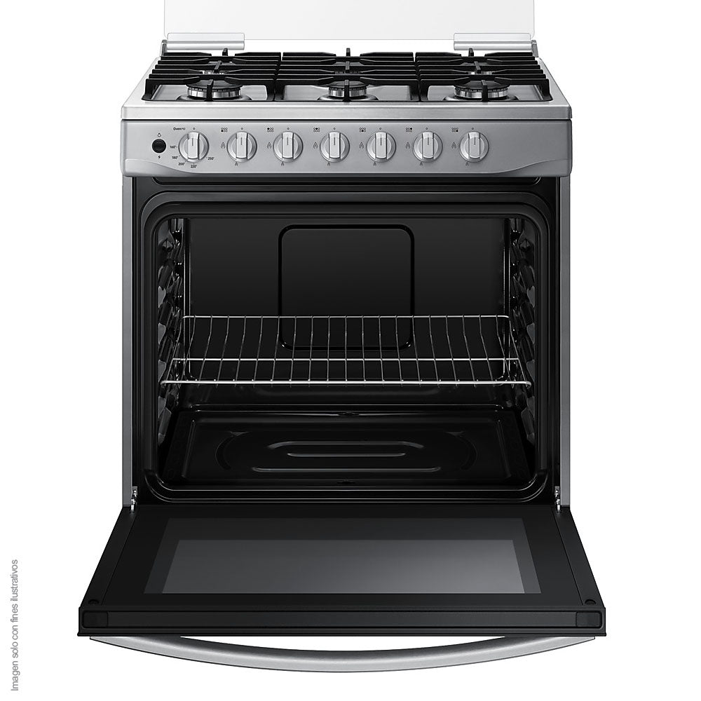 Estufa a gas 30" NX52D3000MV/AX Samsung 6 quemadores, acero inoxidable y parrillas de hierro fundido, tapa de vidrio.