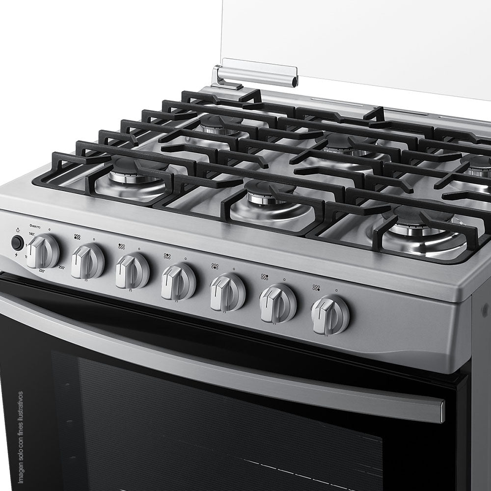 Estufa a gas 30" NX52D3000MV/AX Samsung 6 quemadores, acero inoxidable y parrillas de hierro fundido, tapa de vidrio.