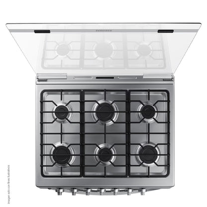 Estufa a gas 30" NX52D3000MV/AX Samsung 6 quemadores, acero inoxidable y parrillas de hierro fundido, tapa de vidrio.