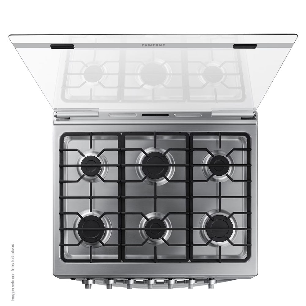 Estufa a gas 30" NX52D3000MV/AX Samsung 6 quemadores, acero inoxidable y parrillas de hierro fundido, tapa de vidrio.