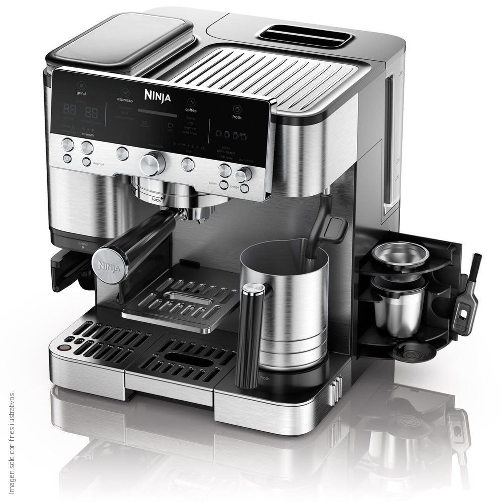 Maquina cafetera 3 en 1 ES601Ninja Serie Premier, cappuccino, cold brew y espresso con molinillo y espumador de leche integrados, fácil de usar y 4 preajustes automáticos de espuma color plata
