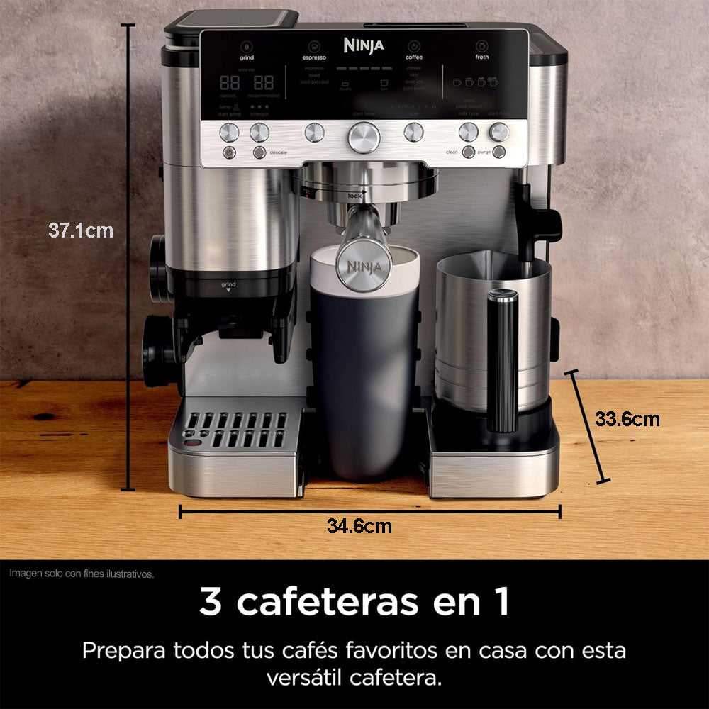 Maquina cafetera 3 en 1 ES601Ninja Serie Premier, cappuccino, cold brew y espresso con molinillo y espumador de leche integrados, fácil de usar y 4 preajustes automáticos de espuma color plata