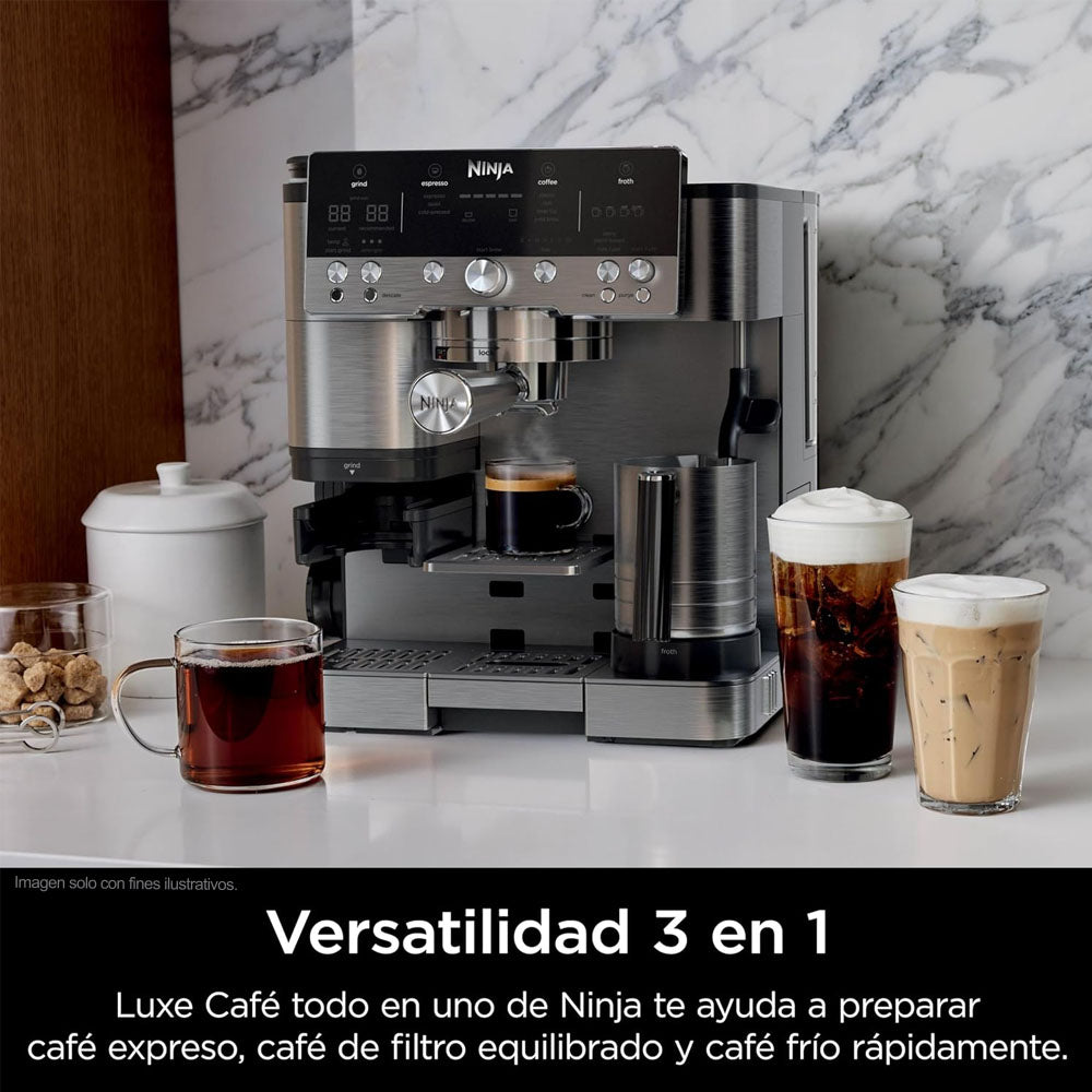 Maquina cafetera 3 en 1 ES601Ninja Serie Premier, cappuccino, cold brew y espresso con molinillo y espumador de leche integrados, fácil de usar y 4 preajustes automáticos de espuma color plata