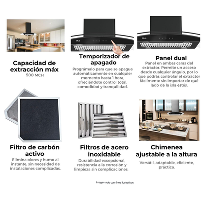 Extractor de grasa Isla 90cm, PRISMA ISLA TOUCH 90 BLACK Drija, 2 chimeneas, iluminación LED, 3 velocidades, control táctil.