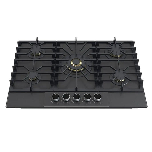 Estufa empotrable a gas Italia 76 Drija Vitroceramica negro mate de 76cm perillas de lujo 5 quemadores.