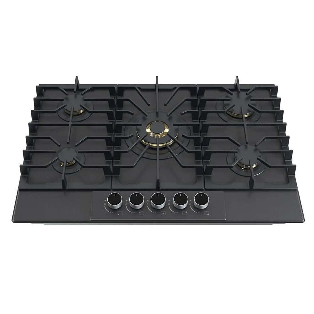 Estufa empotrable a gas Italia 76 Drija Vitroceramica negro mate de 76cm perillas de lujo 5 quemadores.
