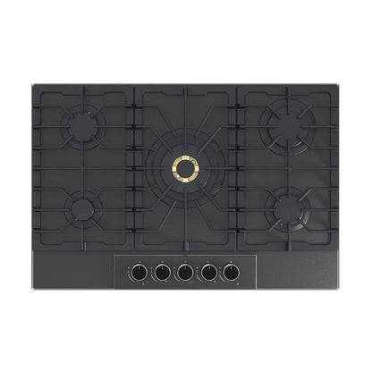 Estufa empotrable a gas Italia 76 Drija Vitroceramica negro mate de 76cm perillas de lujo 5 quemadores.
