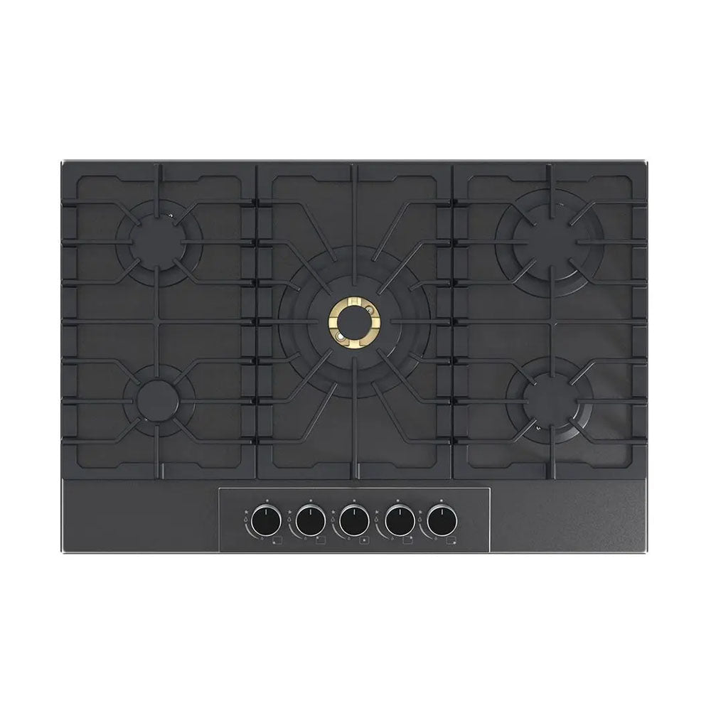 Estufa empotrable a gas Italia 76 Drija Vitroceramica negro mate de 76cm perillas de lujo 5 quemadores.