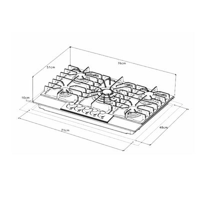 Estufa empotrable a gas Italia 76 Drija Vitroceramica negro mate de 76cm perillas de lujo 5 quemadores.