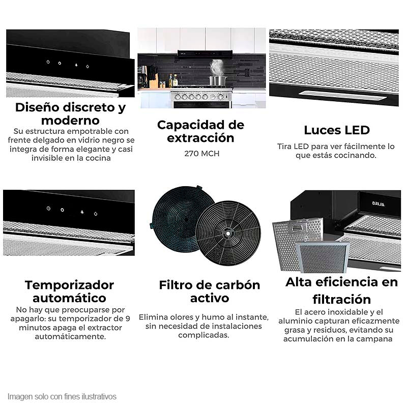 Extractor de grasa empotrable Retráctil Touch 76 Black Drija, Tamaño 75.8cm, panel touch, temporizador, 3 velocidades.