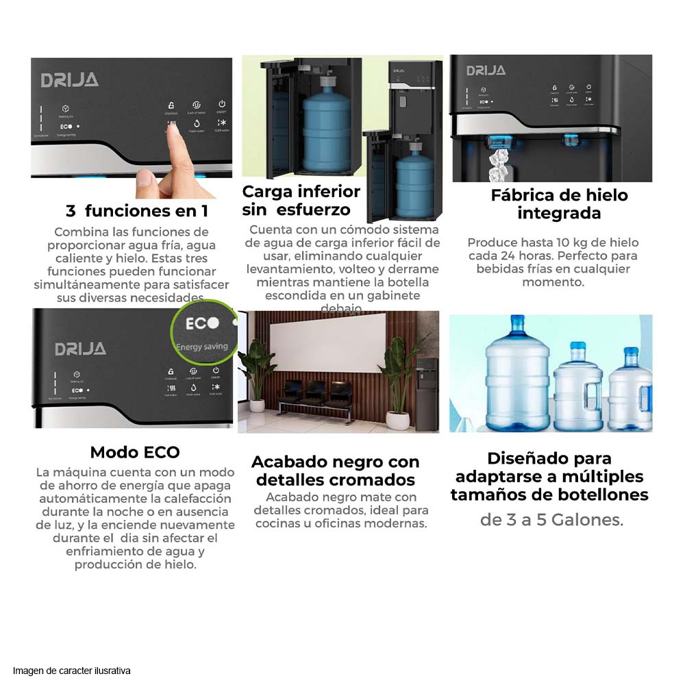 Dispensador de agua LUSSO Drija 20 galones carga inferior panel táctil 3 funciones en 1 (agua fría, agua caliente y hielo)
