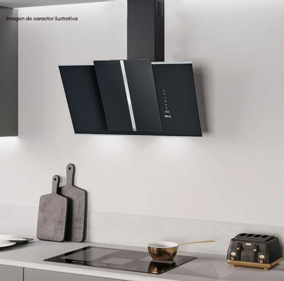 Extractor de grasa TRIANGOLO 76 Drija color vidrio negro con bordes acero inoxidable panel digital reloj digital