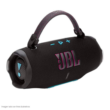 Bocina portátil CHARGE6BLKOAM JBL color negro sonido Pro de JBL y correa de asa desmontable.