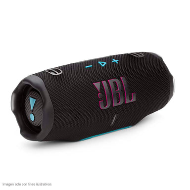 Bocina portátil CHARGE6BLKOAM JBL color negro sonido Pro de JBL y correa de asa desmontable.