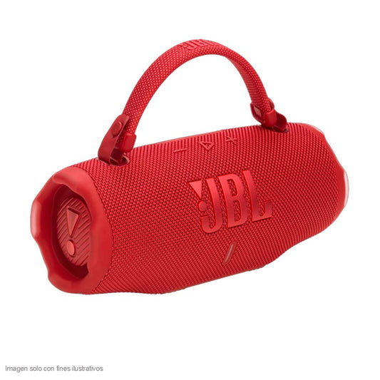 Bocina portátil CHARGE6 JBL color rojo sonido Pro de JBL y correa de asa desmontable.