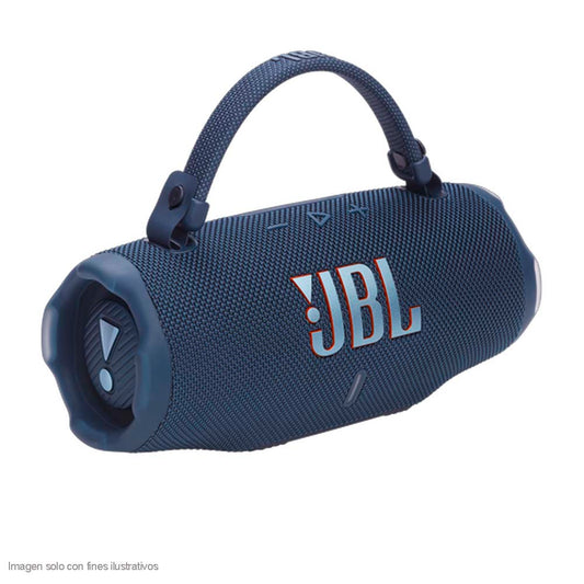 Bocina portátil CHARGE6 JBL color azul sonido Pro de JBL y correa de asa desmontable.