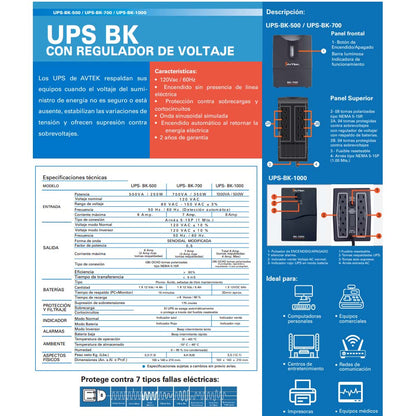 UPS Regulador de voltaje BK-500 Avtek, hasta 500VA/250W 8 tomas Nema 5-15 120V 50-60hz.
