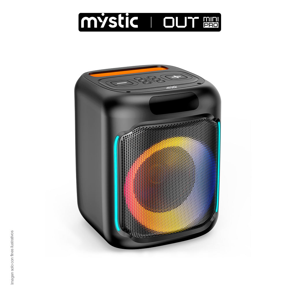 Parlante activo MY-PS88-B-LA-BR Mystic Out mini pro, audio con hasta 4 horas de reproducción, luz LED, Micrófono con cable, Bluetooth TWS, Radio FM.