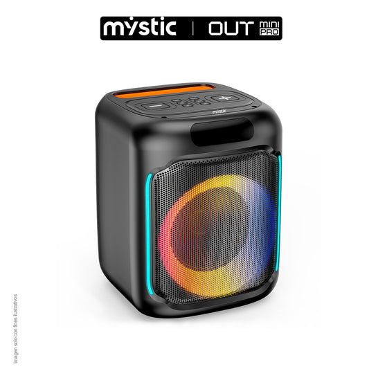 Parlante activo MY-PS88-B-LA-BR Mystic Out mini pro, audio con hasta 4 horas de reproducción, luz LED, Micrófono con cable, Bluetooth TWS, Radio FM.
