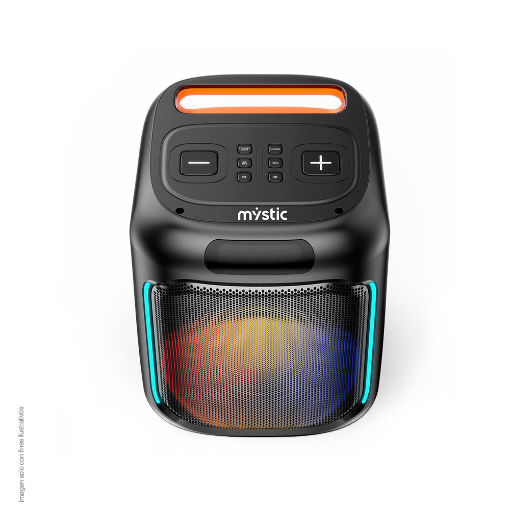 Parlante activo MY-PS88-B-LA-BR Mystic Out mini pro, audio con hasta 4 horas de reproducción, luz LED, Micrófono con cable, Bluetooth TWS, Radio FM.