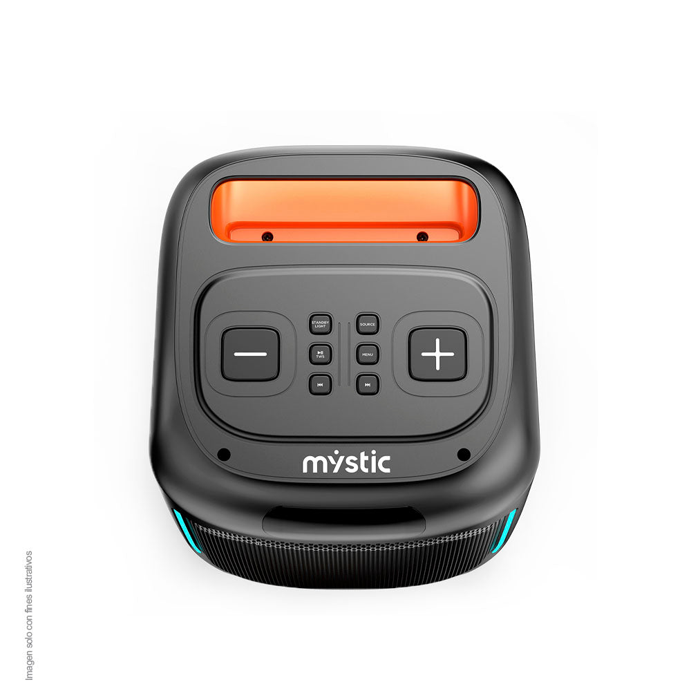 Parlante activo MY-PS88-B-LA-BR Mystic Out mini pro, audio con hasta 4 horas de reproducción, luz LED, Micrófono con cable, Bluetooth TWS, Radio FM.