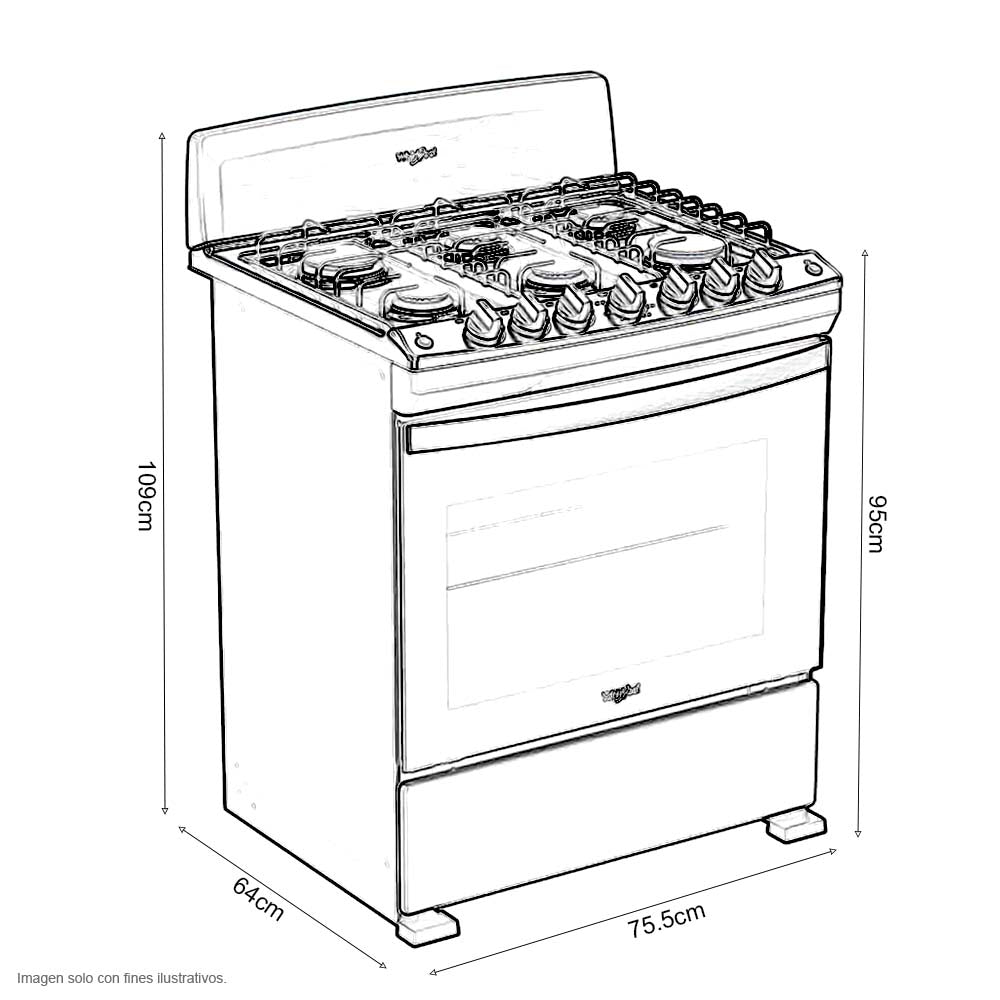 Estufa a gas de 30" LWFR3000S Whilpool cubierta de acero inox. 6 quemadores