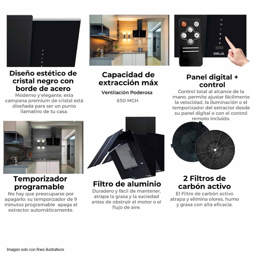 Extractor de grasa 60cm modelo Triangolo 60 de cristal negro con borde de acero, DRIJA  panel digital